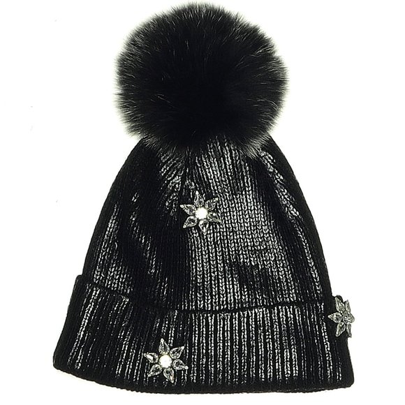 ?CHIC GLAM? STUNNING Metallic Silver Beanie w/ Silver Fox Fur Pom Pom main image 5